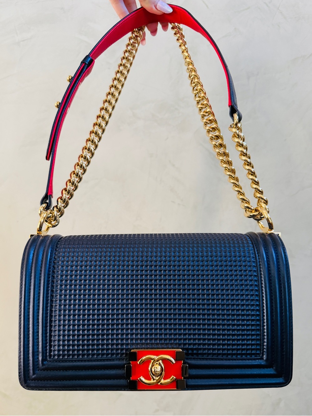 CHANEL Metallic Cube Embossed Lambskin Boy Flap Bag